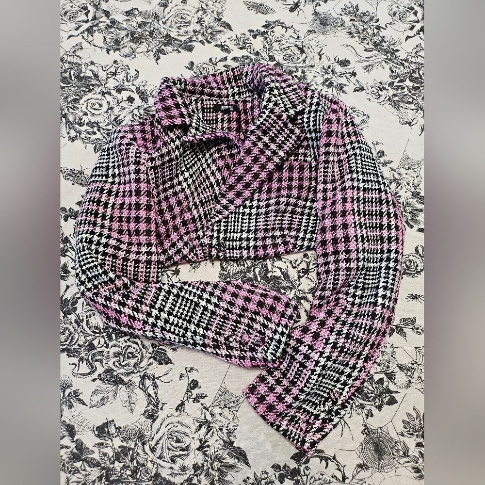 Dolls Kill Poster Grl Tweed Cropped Jacket Pink and Black